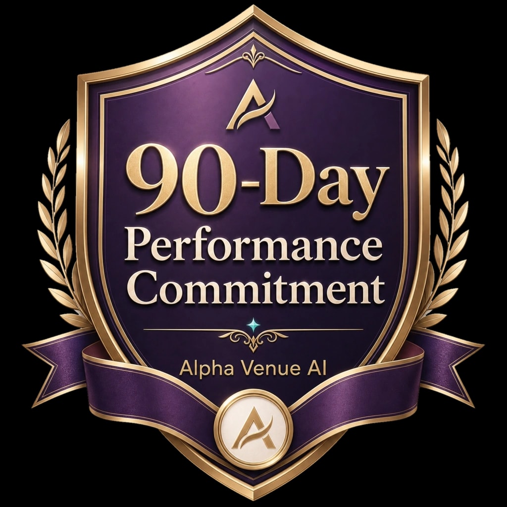 The Alpha Venue 90-day performance commitment badge: a plum shield edged in gold, with laurels and a ribbon