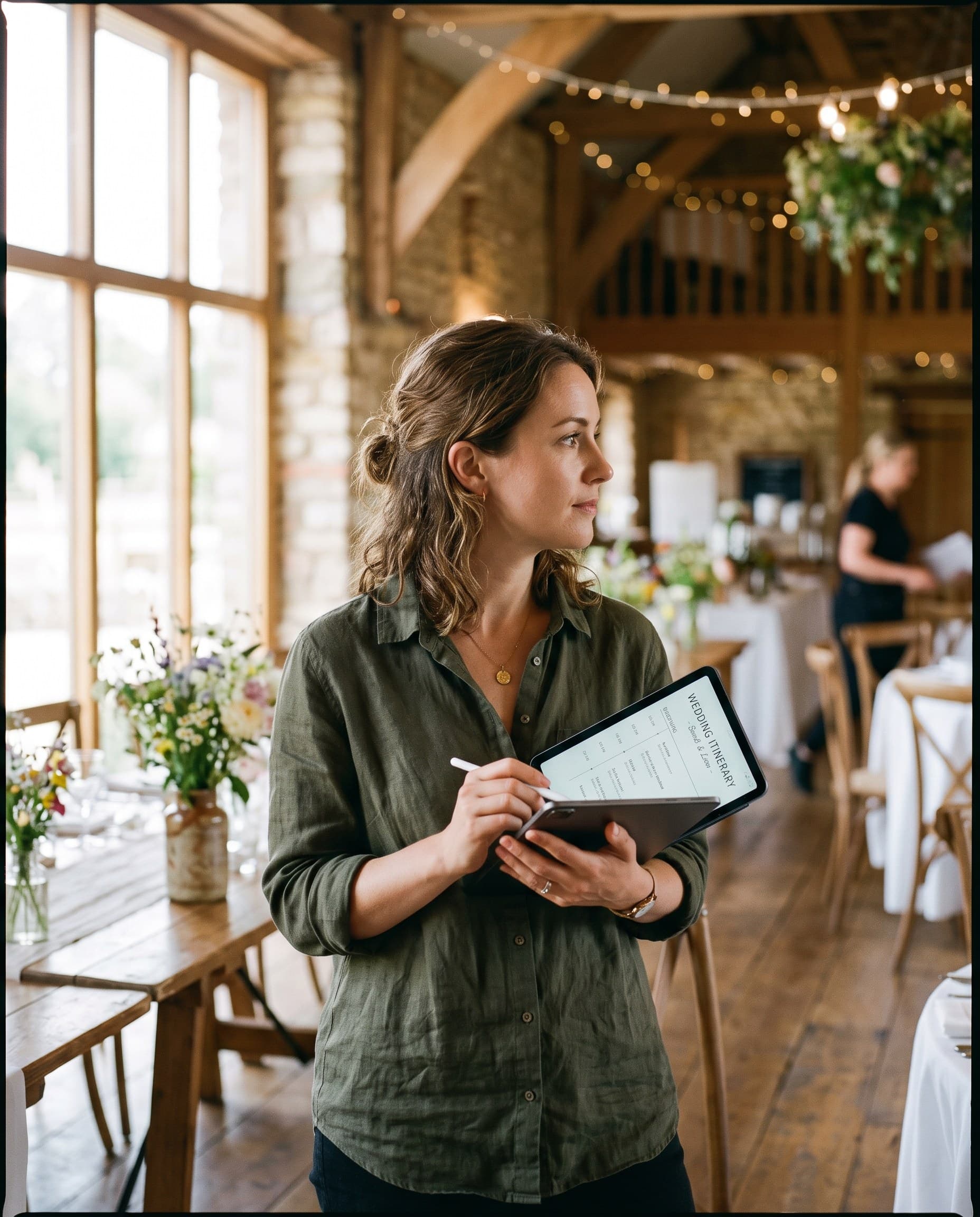 A timber barn venue set for a reception at golden hour